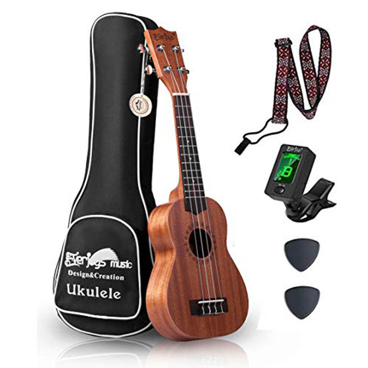 Mahogany Soprano Ukulele Kit - Professionell 21 tum w / Case Strap Tuner Aquila Strings EVUKP