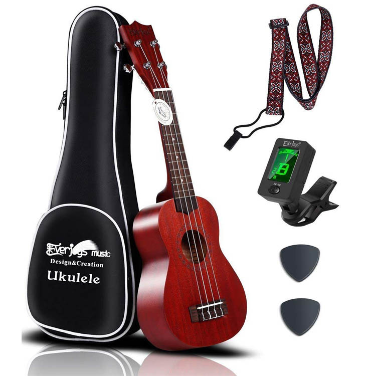 Mahogany Soprano Ukulele Kit - Professionell 21 tum w / Case Strap Tuner Aquila Strings EVUKP01