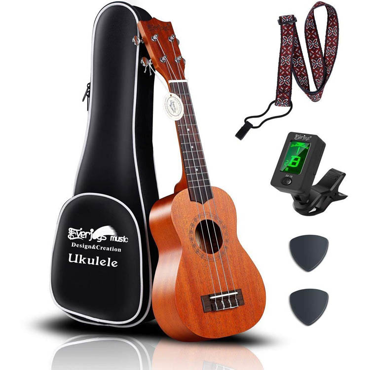 Mahogany Soprano Ukulele Kit - Professionell 21 tum w / Case Strap Tuner Aquila Strings EVUKP02